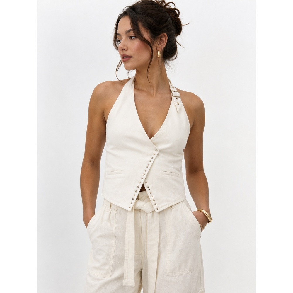 NWT Active USA Cream Denim Halter Vest Snap Front Crop Size L Western Chic